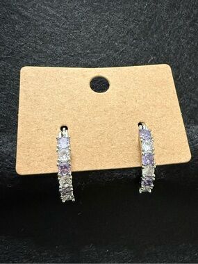 Hoop Earrings Lavender and Clear 
Round Cubic Zirconia Silver-tone New